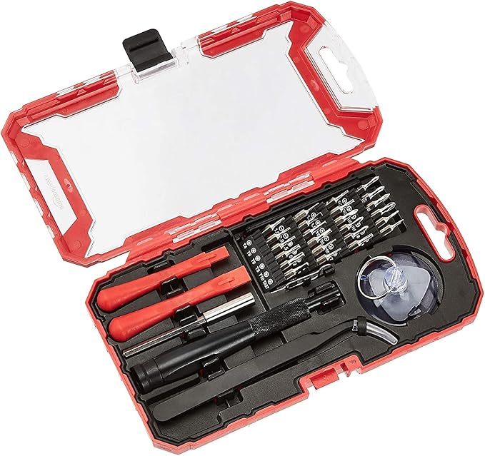 Basics Precision Screwdriver Set, 32-Piece Electronics Repair Tool Kit for Laptops, Smartphones, Eyeglasses, Watches, Magnetic Tip, Red